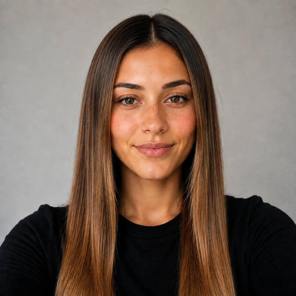 Ada with a warm caramel balayage melting from dark roots
