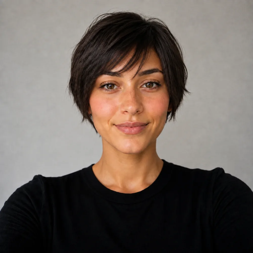 Ada with a bixie cut: cropped at the nape, longer and choppy around the face