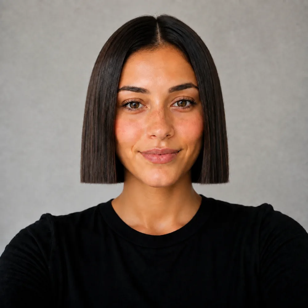 Ada with a chin-length blunt bob, one length, centre part