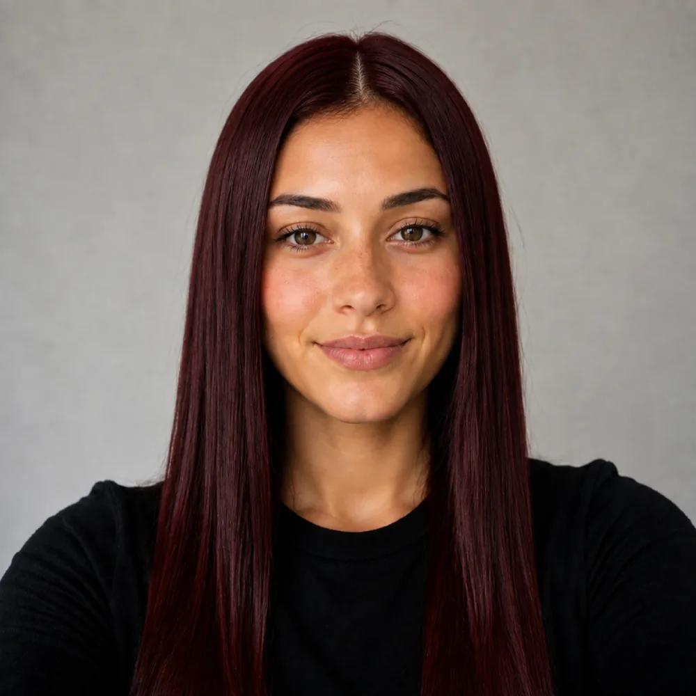 Ada with deep, glossy cherry cola red hair