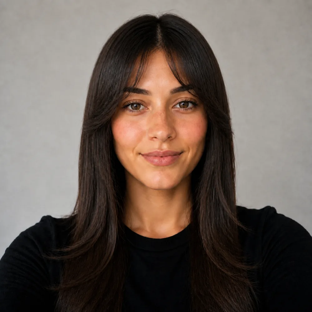 Ada with curtain bangs sweeping out from a centre part into long layers