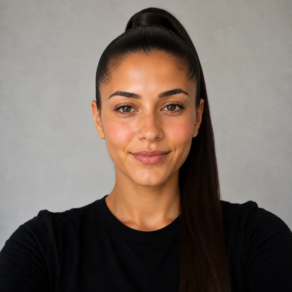 Ada with a glass-smooth high ponytail