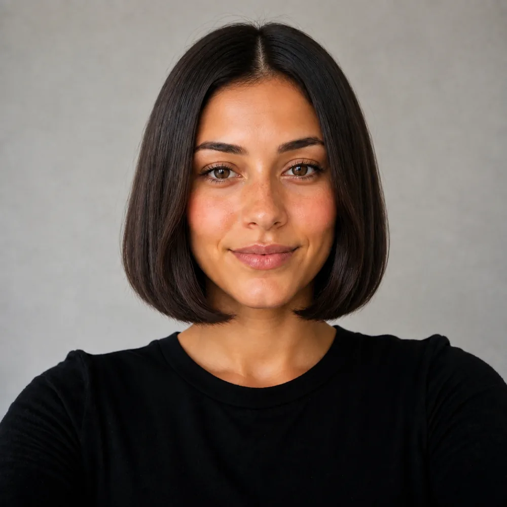 Ada with a blunt jaw-length italian bob, the ends bent under