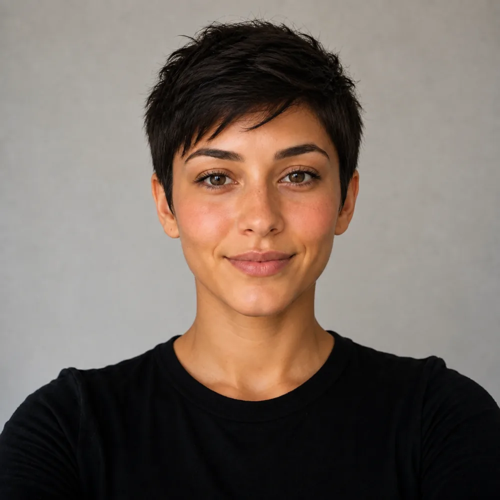 Ada with a short textured pixie cut, piecey on top