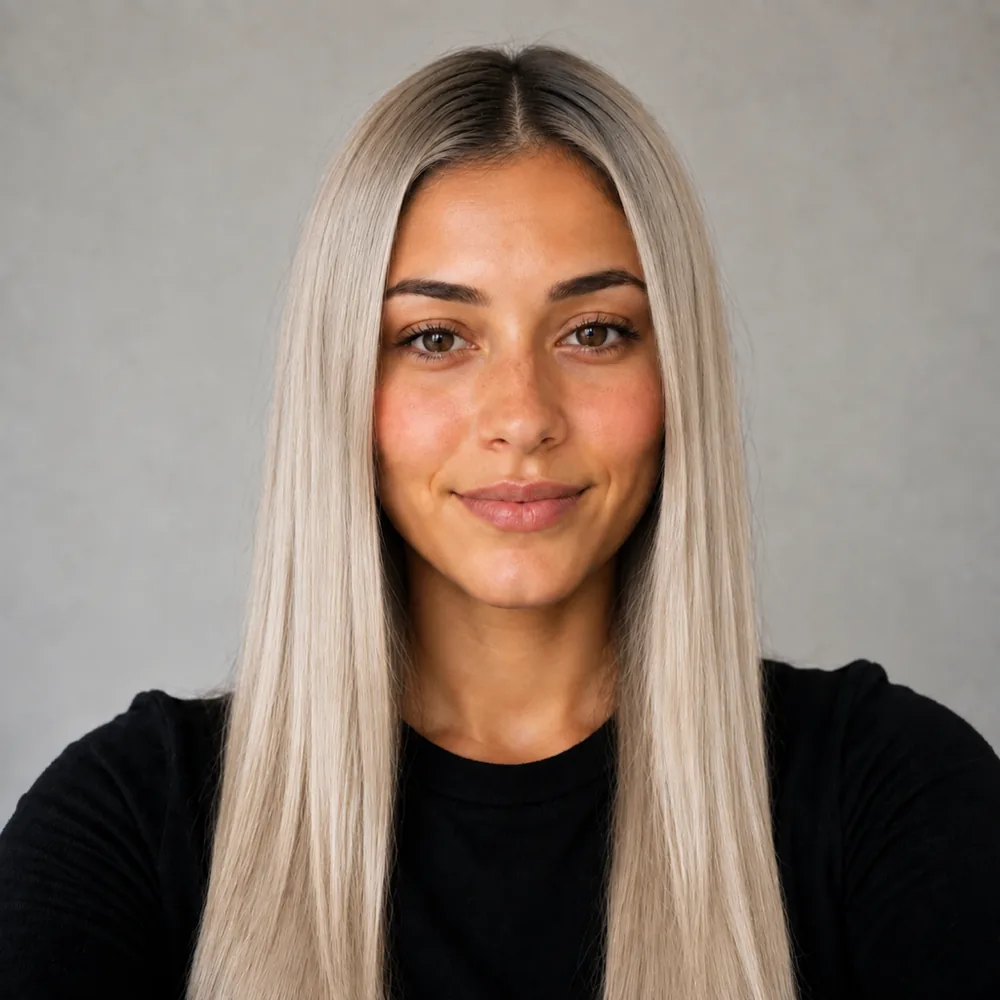 Ada with a cool, ashy scandinavian blonde and a softly smudged root