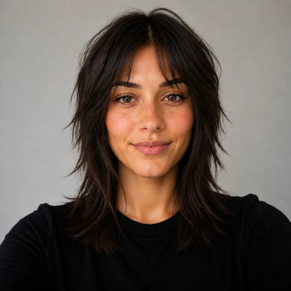 Ada with a shaggy wolf cut, choppy crown layers and wispy curtain bangs