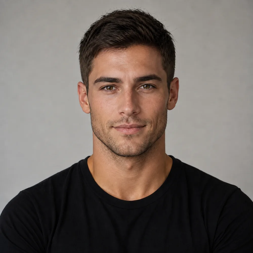 Noah before, with short dark brown hair and groomed stubble