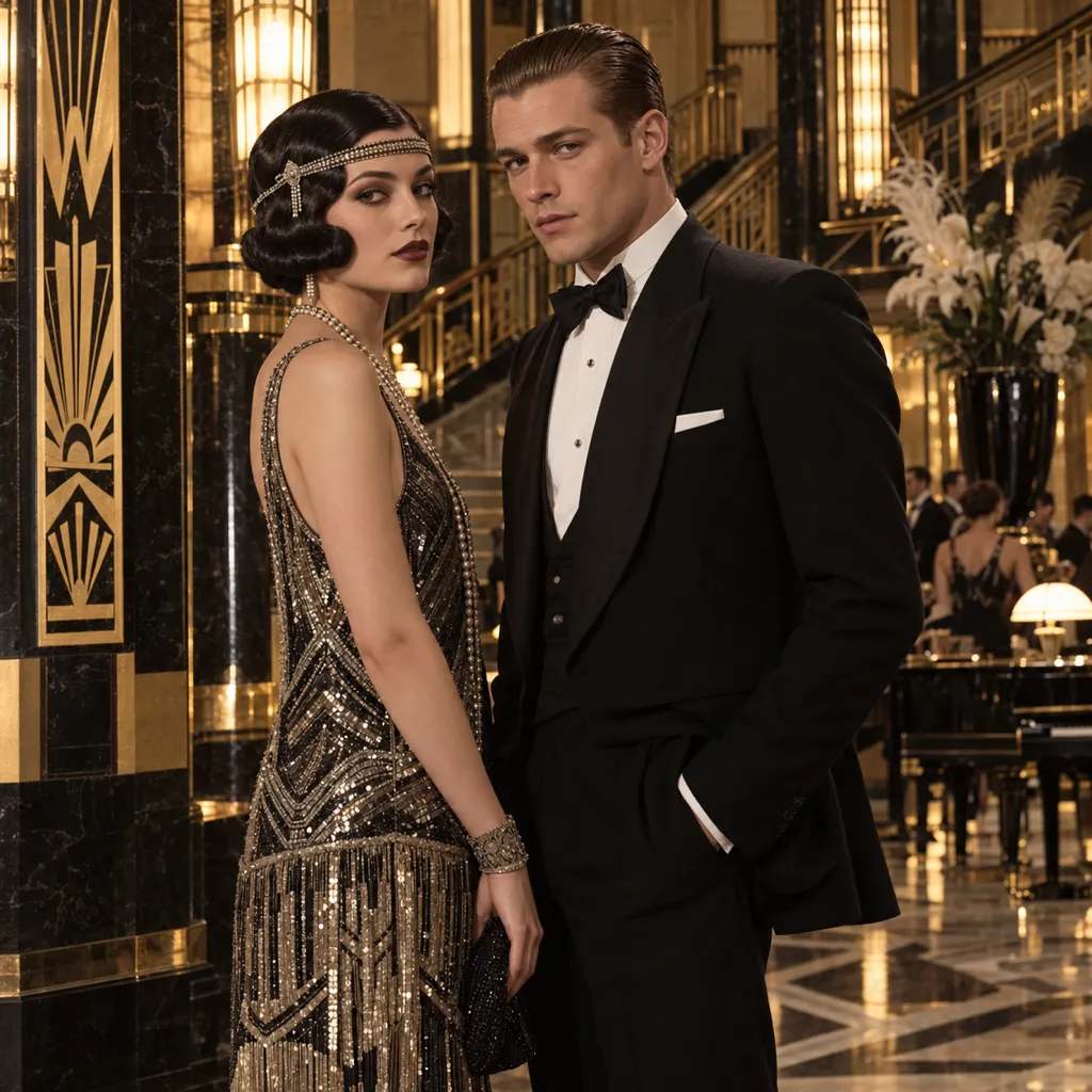 Editorial photo recreation of a woman with a glossy waved bob and jeweled headband beside a man with smoothly slicked-back hair.