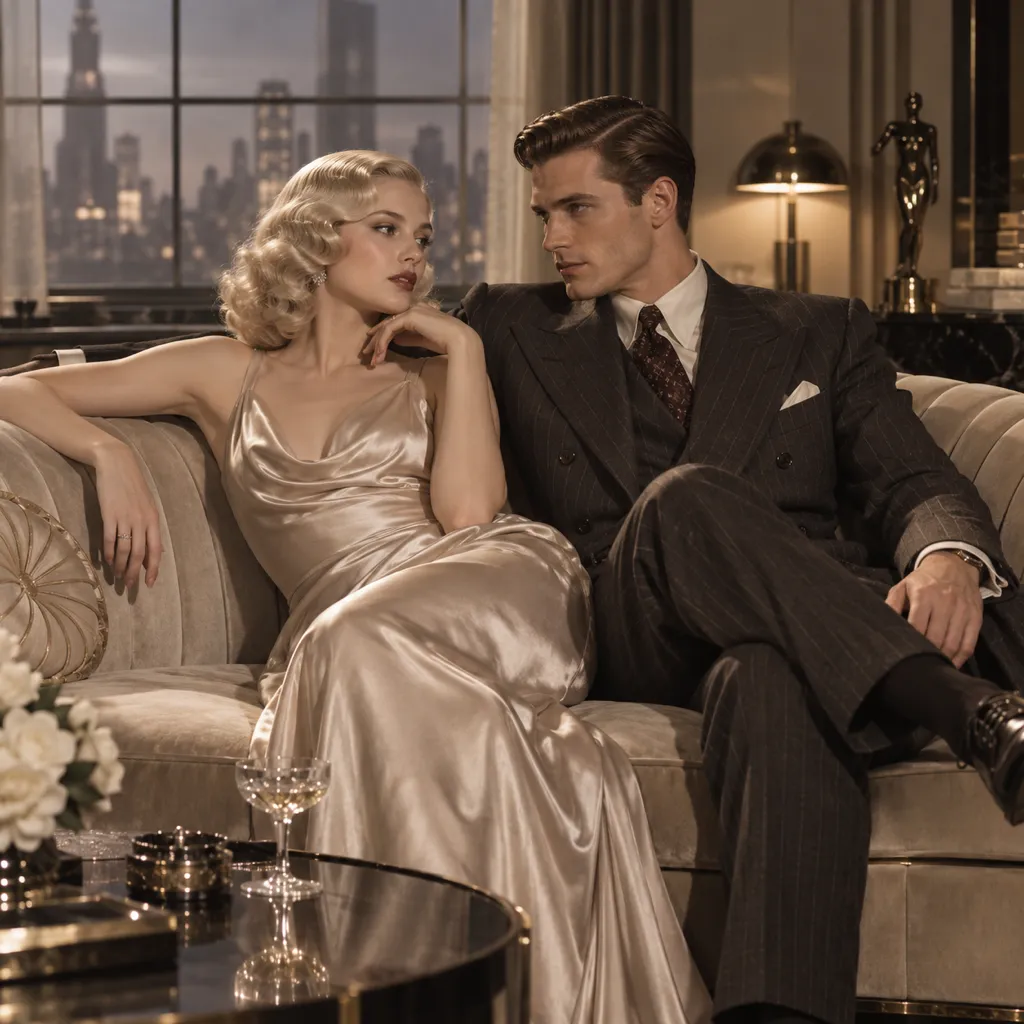 Editorial photo recreation of a woman with softly waved blonde hair and curled ends beside a man with a neat side part and lifted front wave.