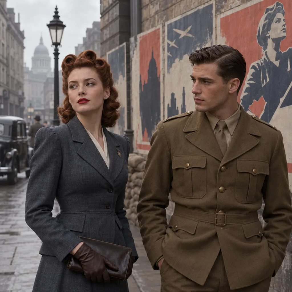 Editorial photo recreation of a woman with raised front rolls and shoulder-length curls beside a man with a neatly tapered side part.