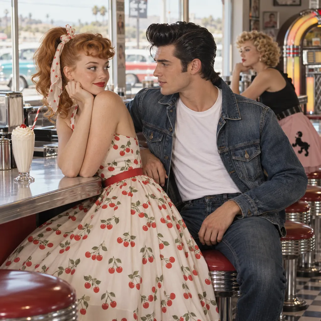 Editorial photo recreation of a woman with curled bangs and a ribbon-tied ponytail beside a man with a glossy pompadour; a short curled set appears behind them.