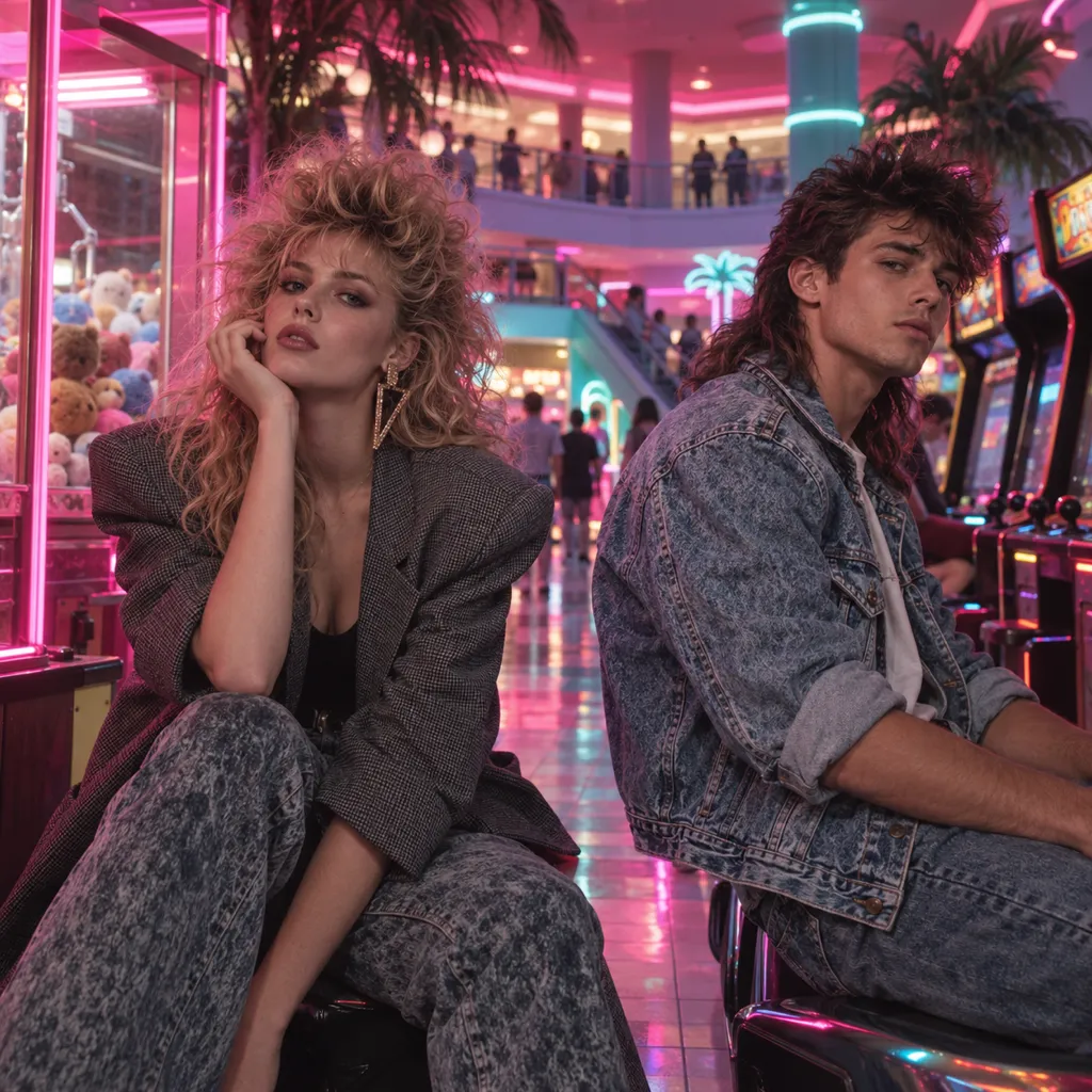 Editorial photo recreation of a woman with voluminous curls and raised bangs beside a man with a textured mullet, short at the front and long at the nape.