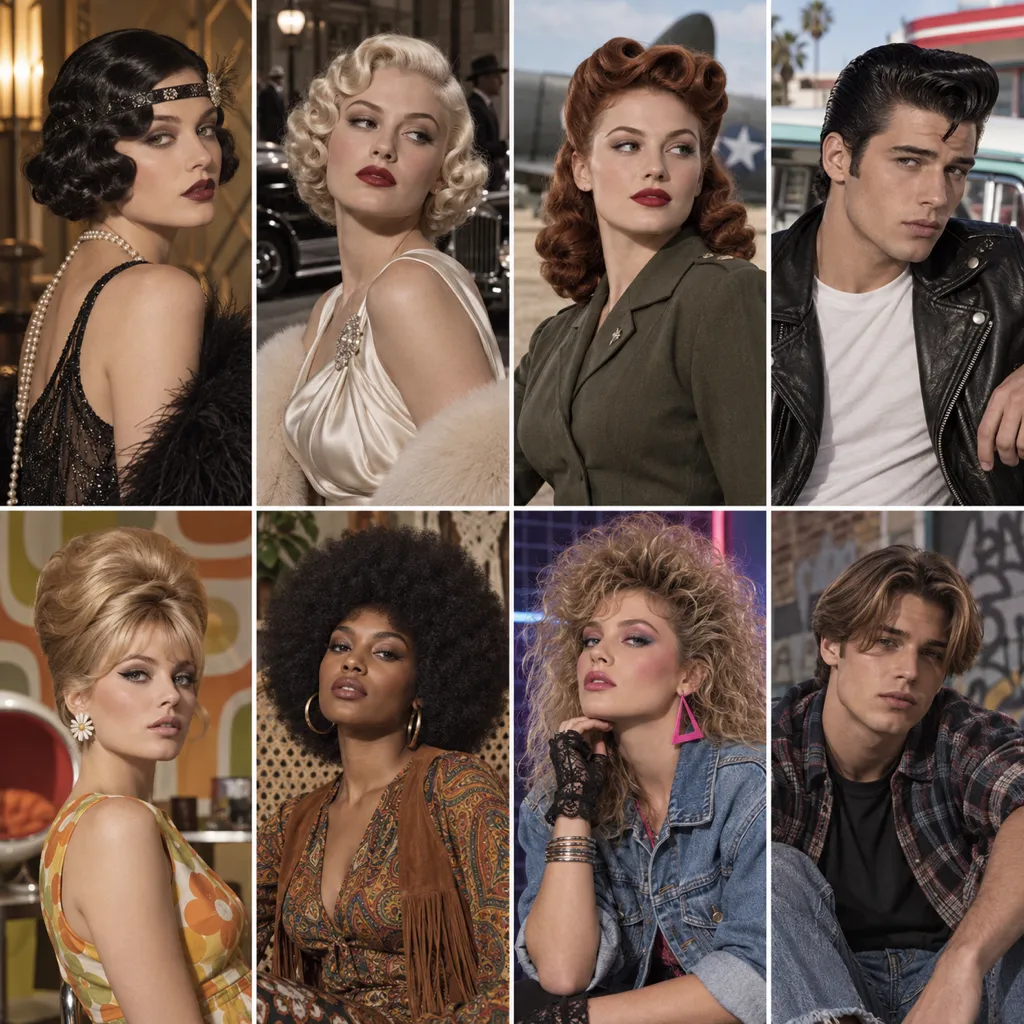 Editorial photo collage of eight recreated looks: a waved bob, soft curls, victory rolls, pompadour, bouffant, Afro, big curls, and curtains, from the 1920s through the 1990s.