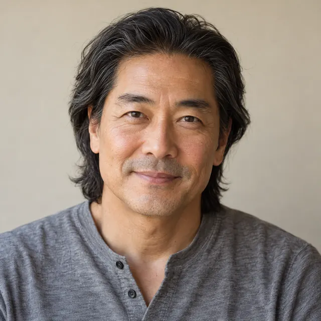 A man in his fifties with longish black and grey hair, before, with their current hair