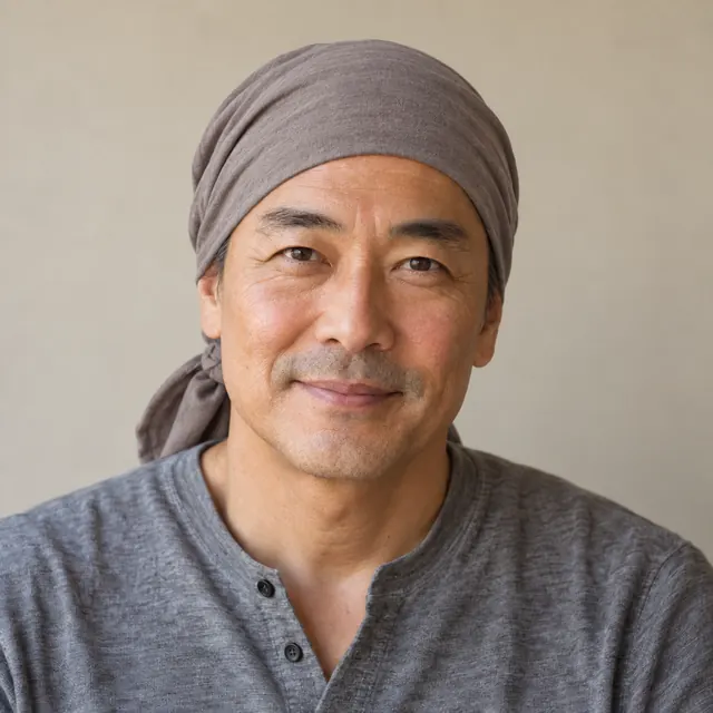 A man in his fifties with longish black and grey hair, wearing a soft headscarf