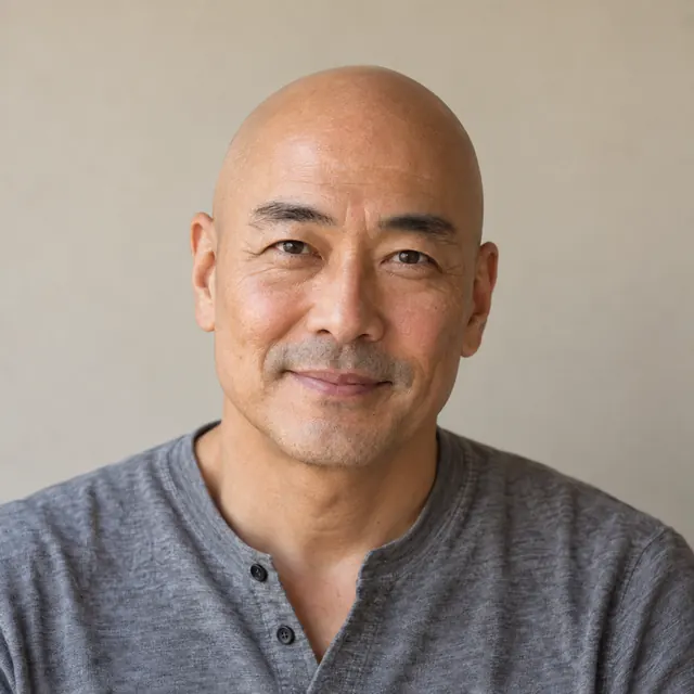 A man in his fifties with longish black and grey hair, with a fully shaved head