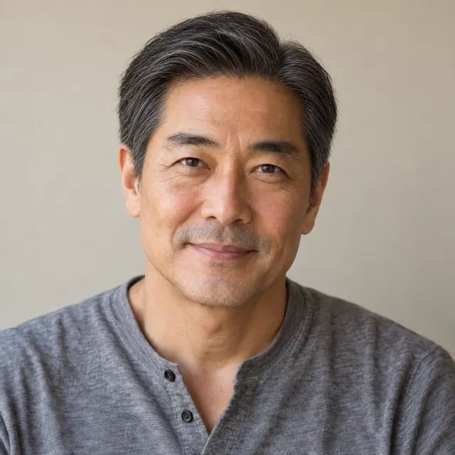 A man in his fifties with longish black and grey hair, wearing a natural-looking wig