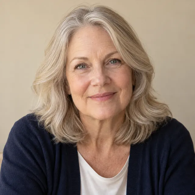 A woman in her sixties with shoulder-length silver-blonde hair, before, with their current hair