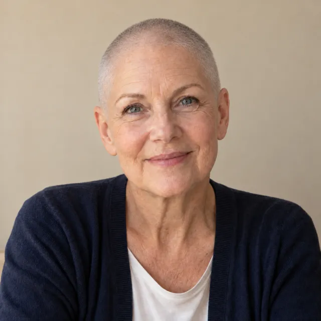 A woman in her sixties with shoulder-length silver-blonde hair, with a buzz cut