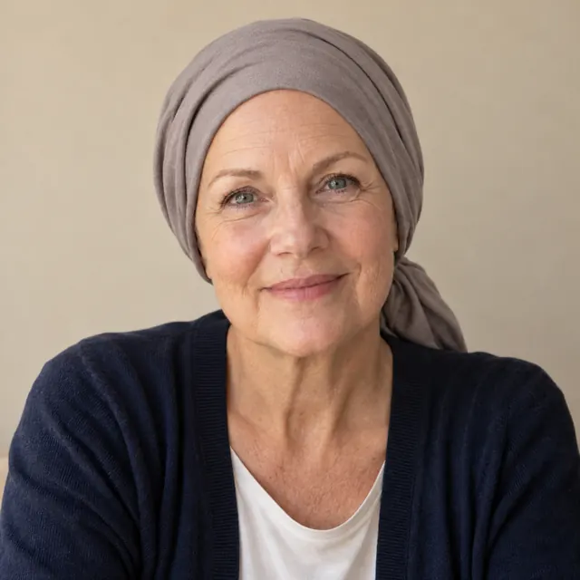 A woman in her sixties with shoulder-length silver-blonde hair, wearing a soft headscarf