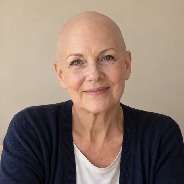 A woman in her sixties with shoulder-length silver-blonde hair, with a fully shaved head
