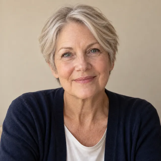 A woman in her sixties with shoulder-length silver-blonde hair, with a soft short cut