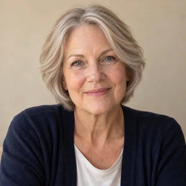 A woman in her sixties with shoulder-length silver-blonde hair, wearing a natural-looking wig