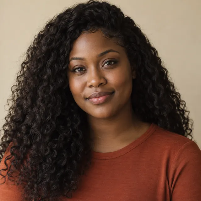 A woman in her thirties with long, natural curly hair, before, with their current hair