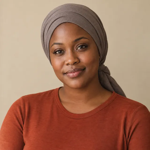 A woman in her thirties with long, natural curly hair, wearing a soft headscarf