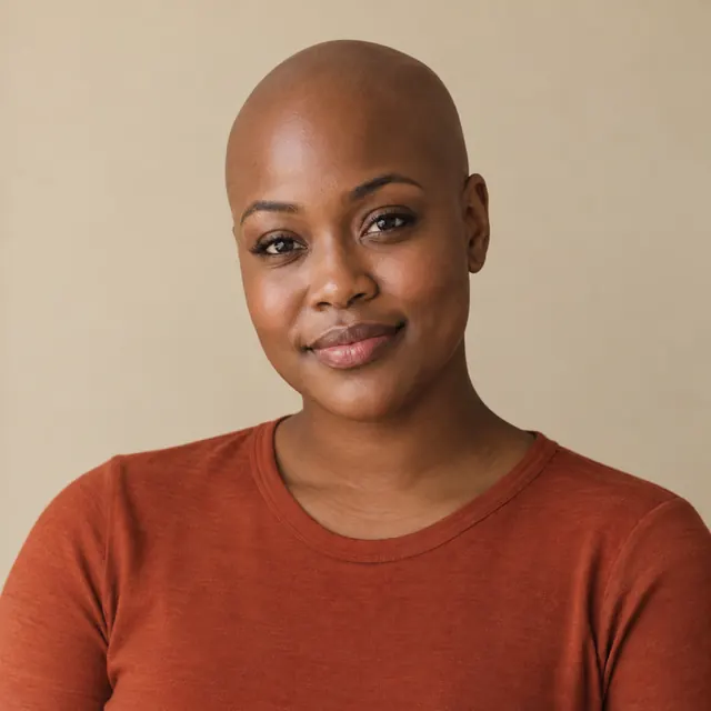 A woman in her thirties with long, natural curly hair, with a fully shaved head
