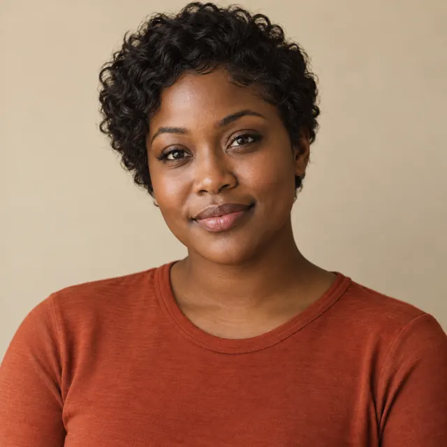 A woman in her thirties with long, natural curly hair, with a soft short cut