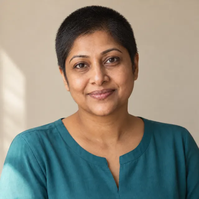 A woman in her forties with long, straight black hair, with a buzz cut