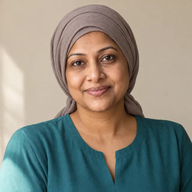 A woman in her forties with long, straight black hair, wearing a soft headscarf