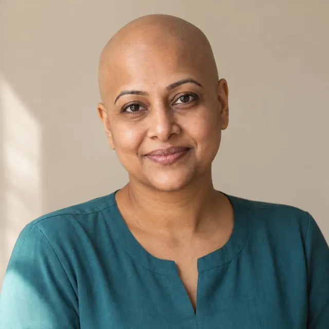 A woman in her forties with long, straight black hair, with a fully shaved head