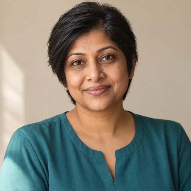 A woman in her forties with long, straight black hair, with a soft short cut