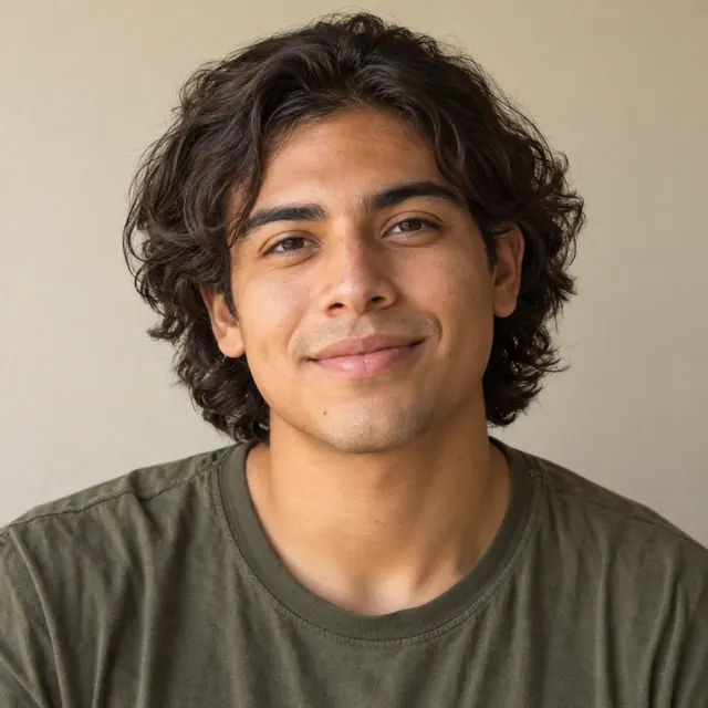 A man in his twenties with chin-length wavy hair, before, with their current hair