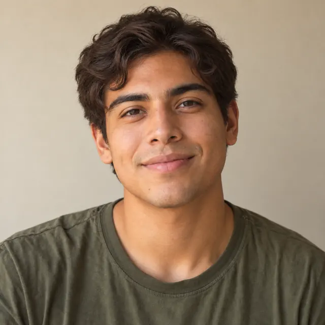 A man in his twenties with chin-length wavy hair, with a soft short cut