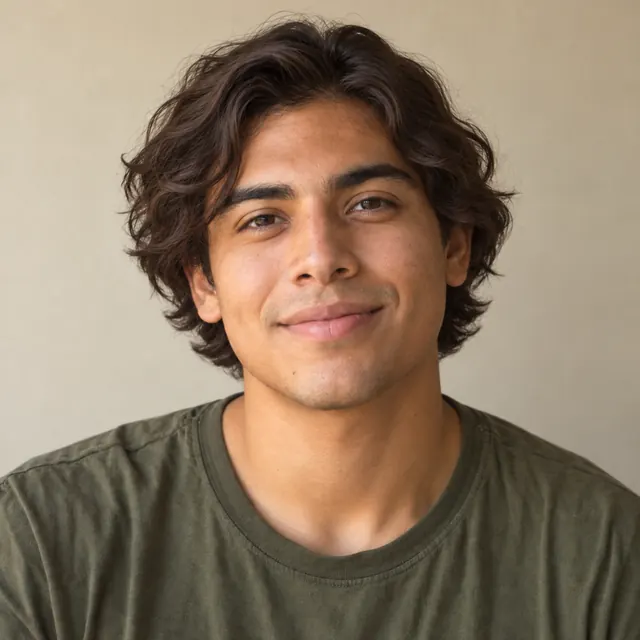 A man in his twenties with chin-length wavy hair, wearing a natural-looking wig