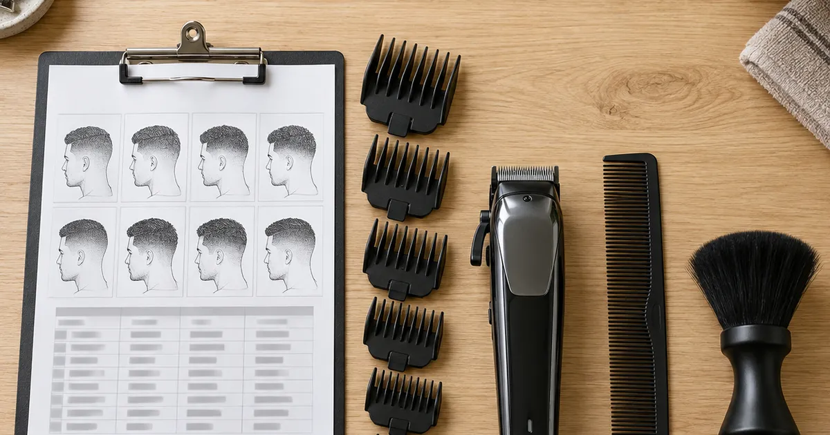 Black line illustrations of clipper guards and fade haircut types