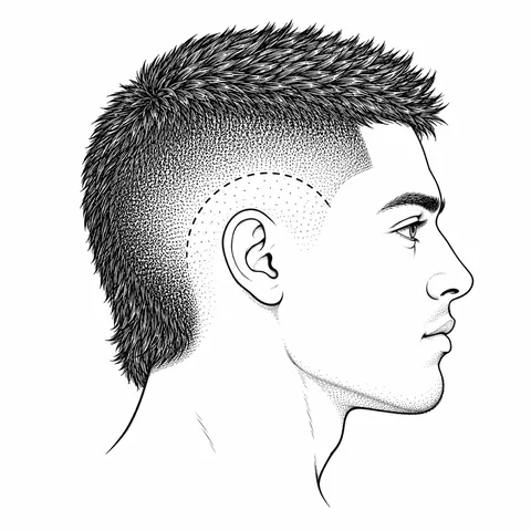 Burst fade diagram: a semicircular transition surrounds the ear with length left at the nape