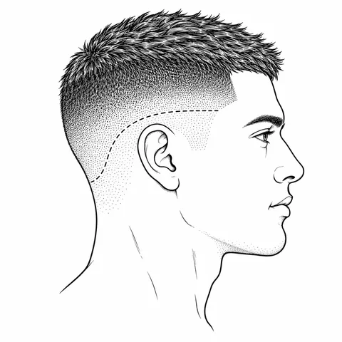Drop fade diagram: the transition curves down from the temple behind the ear to the nape