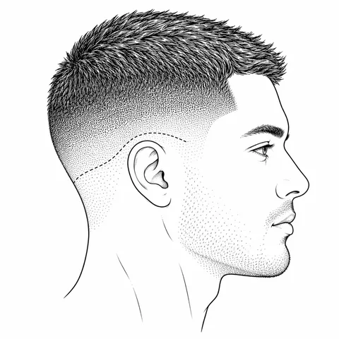 Low fade diagram: a narrow transition above the ear follows the hairline toward the nape