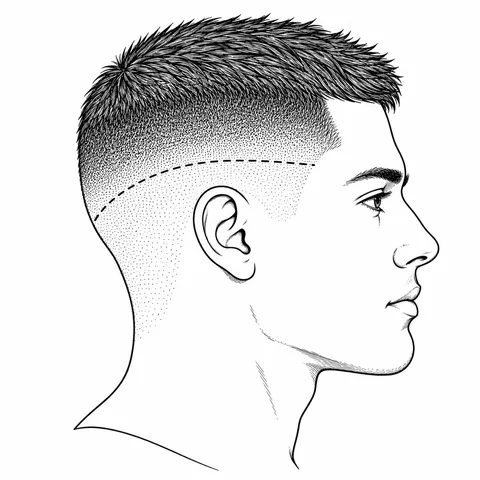 Mid fade diagram: the transition begins at the temple, halfway up the side of the head