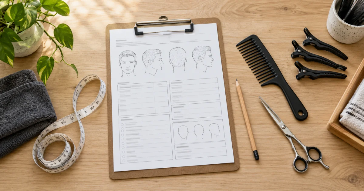 Consultation worksheet on a clipboard beside a measuring tape, comb, scissors, and sectioning clips