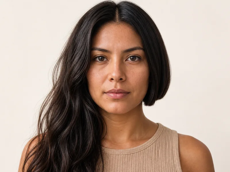 A woman shown mid-transition, long hair on one side and a bob on the other