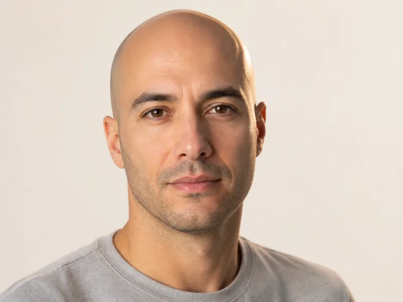 A man with a cleanly shaved bald head and soft rim light