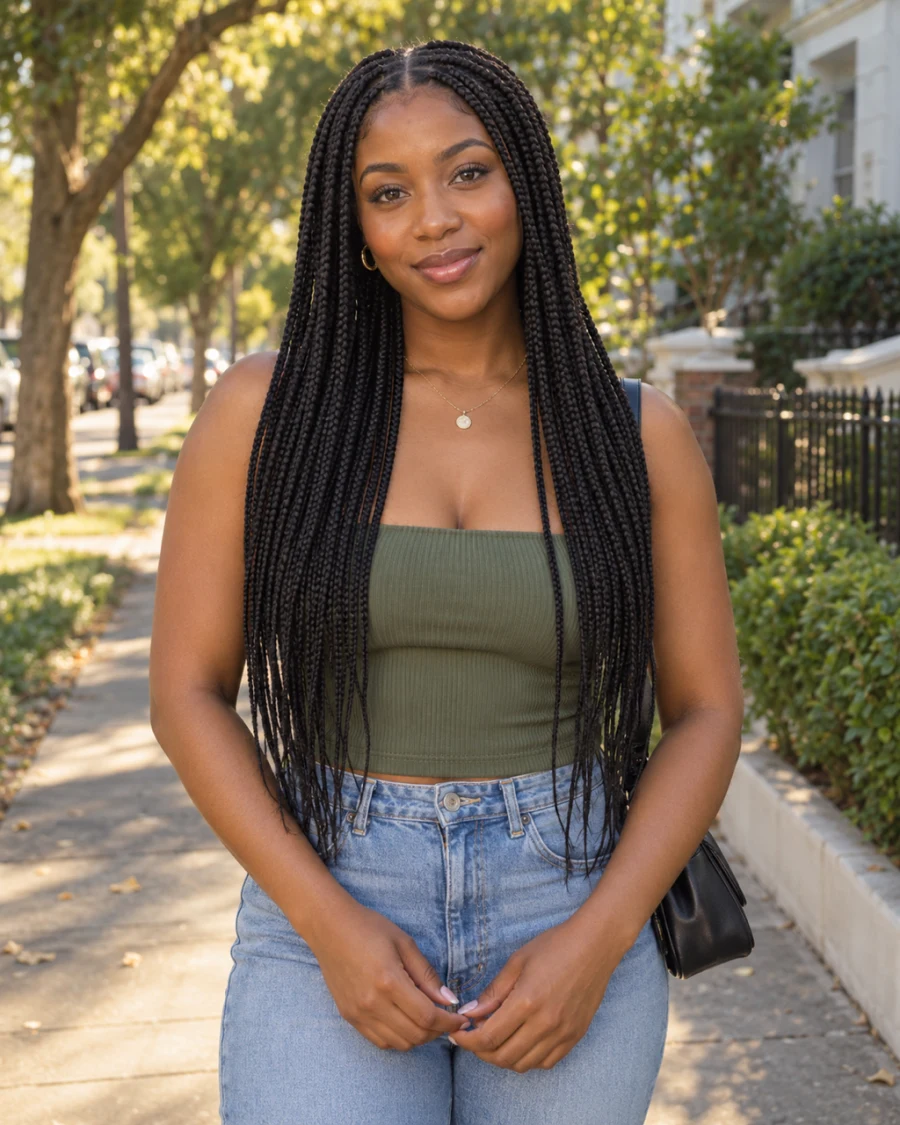 Woman outdoors wearing long dark box braids with a center part and a green top