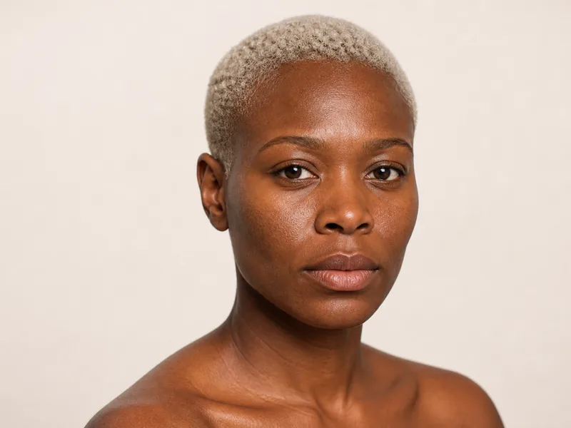 A woman with a very short bleached platinum buzz cut