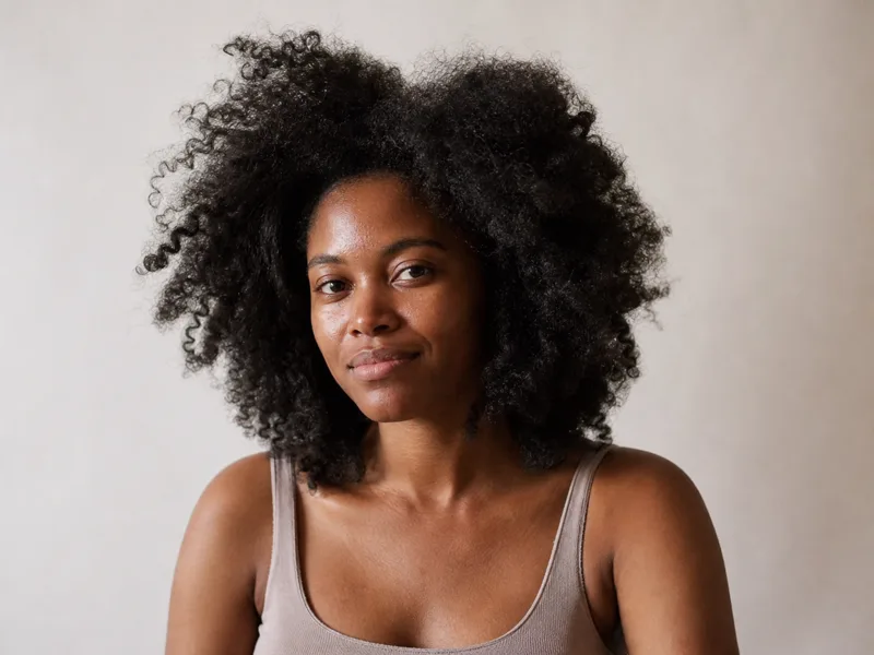 A woman with a defined, voluminous coily afro
