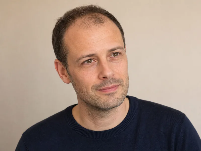 A man in his late thirties with a slightly receding hairline